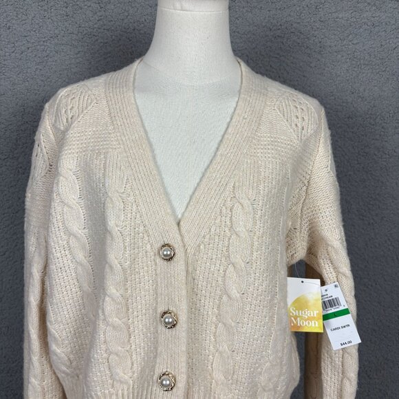 Sugar Moon Juniors' Irish Cream Cable Knit Bling Button Cardigan Sweater Lg NWTs - Picture 2 of 8